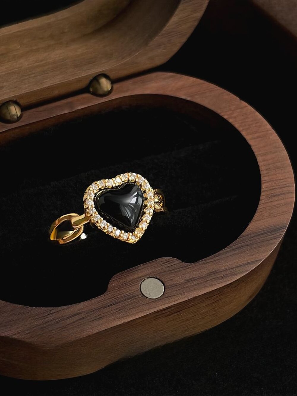 Gold Black Heart Open Ring Adjustable CZ Statement Ring Fashion Jewelry